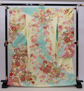 cherry*z0733fc* long-sleeved kimono collection!* long-sleeved kimono single goods * emerald green × cream color series * coming-of-age ceremony graduation ceremony wedding * front ..[ secondhand goods / silk ]