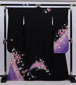 cherry*z0549fc* translation have * long-sleeved kimono collection!* long-sleeved kimono single goods * black × purple series * coming-of-age ceremony graduation ceremony wedding * front ..[ secondhand goods / silk ]