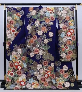 cherry*y9746fc* translation have * springs sale * long-sleeved kimono collection!* long-sleeved kimono single goods / blue navy blue × dark blue series / coming-of-age ceremony graduation ceremony wedding * front ..[ secondhand goods / silk ]