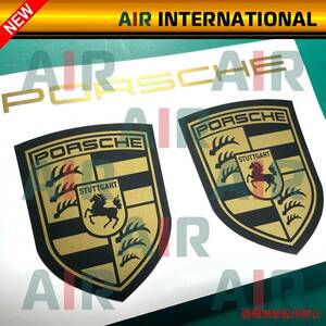 【AIR int'l製品】　PORSCHE emblem　ポルシェ　エンブレムステッカー　マットゴールド　2枚セット