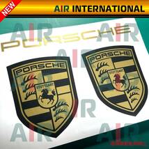 【AIR int'l製品】　PORSCHE emblem　ポルシェ　エンブレムステッカー　マットゴールド　2枚セット_画像1