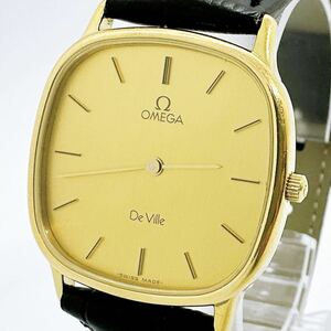 04101 オメガ OMEGA 稼働品 1434 デビル DE VILLE メンズ 腕時計 クォーツ 電池式 QZ ゴールドカラー 革ベルト スクエア