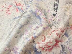 ◆琳花◆ 正絹はぎれ 白に牡丹・蘭・蔓帯 美品 38×169 古布 着物はぎれ 髪飾り クッション インテリア 巾着 袋物 タペストリー 