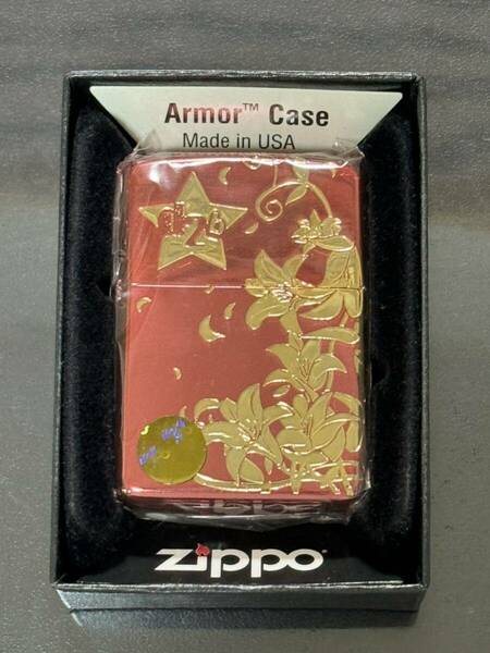 zippo 花 アーマー 4面連続ゴールド加工 Armor Case 初期型 2010年製 RED レッド 特殊加工品 デットストック ケース 保証書 