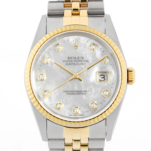 ロレックス デイトジャスト 10Pダイヤ 16233NG ホワイトシェル P番 中古 メンズ 腕時計