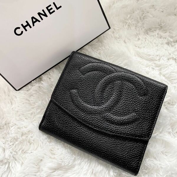 ★美品★CHANEL シャネル キャビアスキン 二つ折り 財布 ブラック ココマーク