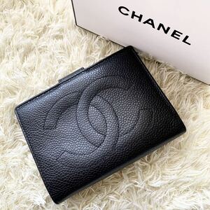 ☆美品☆CHANEL シャネル デカココ キャビアスキン がま口 財布 ブラック ココマーク コンパクトウォレット 二つ折り