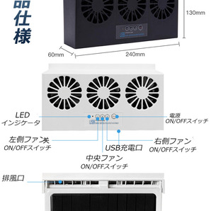 換気扇 車用 太陽光パネル搭載 3連 ソーラーファン 充電 バッテリー搭載 排熱 扇風機 サーキュレーター 配線不要 夏 海 暑さ対策の画像7