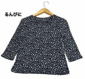 るんびに★東京白ゆり會（L）七分袖 綿100% 薄地 ニット Tシャツ カットソー/黒系 小花柄 美品