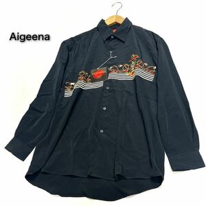 Aigeena★ヴィンテージ（M）オーバーサイズ さらさら 長袖 刺繍 ブラウス シャツ/黒 未使用