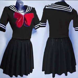 ※商品は同日の落札のみの同梱 超光沢 セーラー風トップス、プリーツスカート 学生制服 ストレッチ生地 上下セット(ブラック)ＸＸＬの画像1