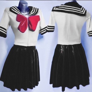 ※商品は同日の落札のみの同梱 超光沢 セーラー風トップス、プリーツスカート ストレッチ 学生制服 上下セット(ホワイト×ブラック)ＸＸＬの画像1