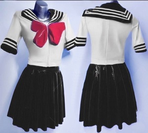 ※商品は同日の落札のみの同梱 超光沢 セーラー風トップス、プリーツスカート ストレッチ 学生制服 上下セット(ホワイト×ブラック)Ｌ