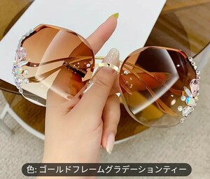 * lady's for high class rhinestone rim less fashion sunglasses, gradation round sun shade, gradation ti