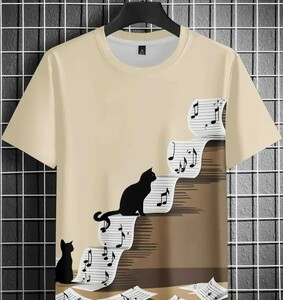 男女の黒猫プリントTシャツ、カジュアルな半袖クルーネックTシャツ