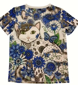 ★猫と花柄 Tシャツ カジュアル クルーネック 半袖 トップス 春夏用 　男女兼用