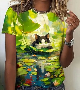 ★可愛い猫のプリントTシャツ、春夏にぴったりのカジュアルなクルーネック半袖トップ、女性用衣料品