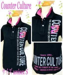 counter culture　㈱ピート　ゴルフウェア　プリント＆二重襟　半そで　シャツ　ブラック×ピンク　メンズS　ユニセックス (Unisex)