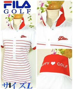 未使用　FILA GOLF　フィラ　ゴルフウェア　ポロシャツ　ボタンスタンドカラー　半そで　レッド×ホワイト　レディースL