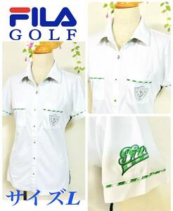 FILA GOLF　フィラ　ゴルフウェア　ポロシャツ　エンブレム＆チェック　半そで　ホワイト×グリーン　レディースL