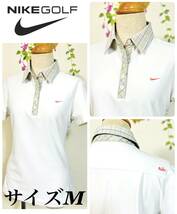 NIKE GOLF　FIT-DRY　ナイキゴルフ　ゴルフウェア　半そでシャツ　チェック襟　ホワイト　レディースM_画像1