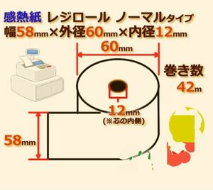 レジロール 感熱紙(ノーマル)　　　　　　幅58mm 外径60mm×内径12mm 56巻