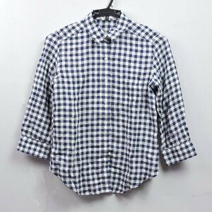 【限定クーポン配布中】☆USED☆ UNIQLO（ユニクロ） チェックシャツ ポケット付き 七分丈 ネイビー 麻100％ Mサイズ レディース