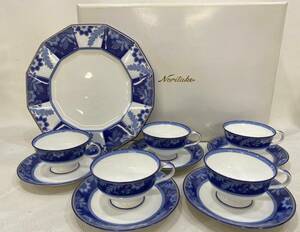 R4D737◆新古品◆ ノリタケ Noritake レジェンドインブルー LEGEND IN BLUE ボーンチャイナ 大皿 1枚 カップ&ソーサー 5客 合計11点セット