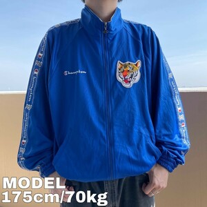 チャンピオン トラックジャケット 襟高 刺繍 XL ブルー 青 黄色 8556