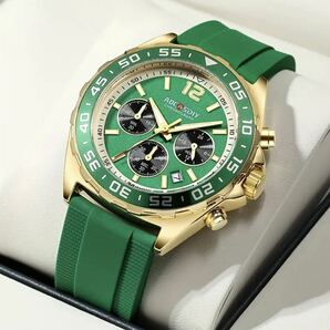 新品 AOCASDIY オマージュクロノグラフ ウォッチ ラバーストラップ メンズ腕時計 グリーン&ゴールドの画像1
