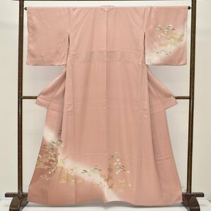 【ちどりや】美品 正絹 付下げ 単衣 広衿 身丈162.5cm/裄66cm L寸 背伏せ仕立 金彩加工 松 桜花 裾暈し ときがら茶 B431の画像1