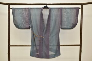 【ちどりや】美品 正絹 夏物 紗 セミロング道中着コート 道中着衿 身丈92cm/裄66cm TL寸 透け感 たて縞暈し 臙脂鼠×深川鼠 B88