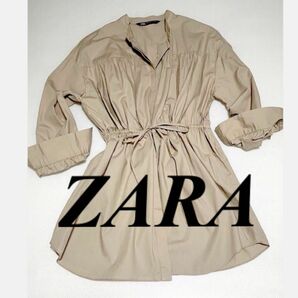 ZARA ドロストワンピース　チュニック　オーバーシャツ　チュニックシャツ　シャツワンピース　バンドカラーシャツ　美品
