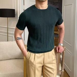 上質 Tシャツ サマーニット トップス カットソー ニットグリーン 半袖Tシャツ メンズ サマーセーター カジュアル Mサイズサイズ選択可
