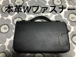 本革ダブルファスナー持ち手付き財布新品ブラック