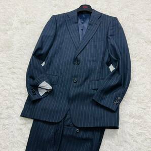 【極美品/希少サイズ】THE SUIT COMPANY スーツカンパニー スーツセットアップ 上下 ストライプ 本切羽 ネイビー サイズXLの画像2