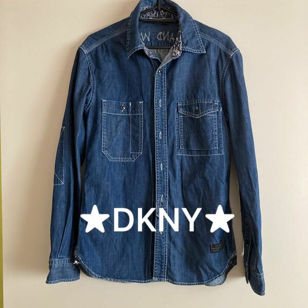 ★DKNY JEANS★ 長袖 デニム 長袖シャツ デニムシャツ ワークシャツ インディゴ ネイビー S プリント 刺繍