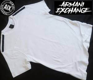 新品★アルマーニ★麻混★ホワイト スラブ Tシャツ★ネイビー 肩ロゴテープ★バック ロゴ刺繍★リネンT 白 L★ARMANI☆261