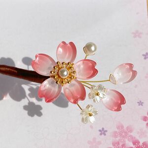 シンプルガラス桜の一本かんざし　ダークピンク
