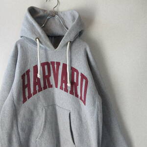 ○良品 Champion チャンピオン HARVARD◆USA製 リバースウィーブ スウェットパーカー カレッジプリント◆メンズ グレー Mサイズ