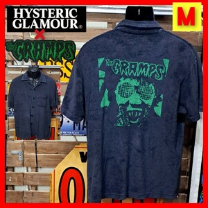 HYSTERIC GLAMOUR ヒステリックグラマー×クランプス　パイル生地　胸ポケット　半袖シャツ　Ｍ　ネイビー