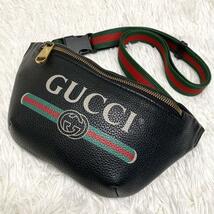 ★美品★ GUCCI グッチ ボディバッグ ウエストバッグ シェリーライン インターロッキング ロゴプリント レザー 黒 ブラック メンズ 527792_画像1