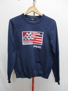 PING　ピン　ニットトレーナー　SIZE L　紺 星条旗柄　ニットスウェットジャージトップ　ニットトレーナー　ゴルフウエア　カットソー03294