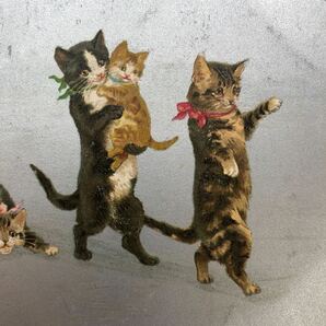 フランスアンティーク ヴェンテージポストカード 猫ちゃんのお散歩！切手付き 銀彩色 レア 希少 絵葉書 クロモス 子猫 猫 の画像6