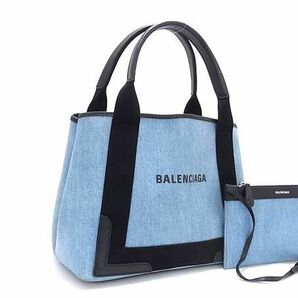 1円 ■美品■ BALENCIAGA バレンシアガ PVC×レザー ネイビーカバスS キャンバス ポーチ付き ハンドバッグ トート ブルー系 FA3559の画像1