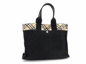 1円 BURBERRY バーバリーブルーレーベル キャンバス×ナイロン チェック柄 トート ハンドバッグ ブラック系×ベージュ系 BJ0626