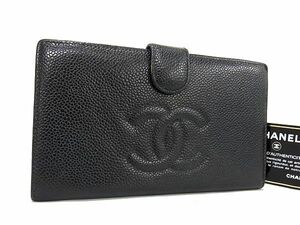 1円 ■美品■ CHANEL シャネル ココマーク キャビアスキン がま口 二つ折り 長財布 ウォレット 小銭入れ 札入れ ブラック系 FC3664