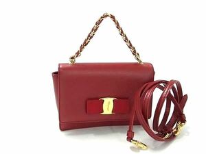 1円■極美品■ Salvatore Ferragamo フェラガモ AU-21 G231 ヴァラリボン レザー チェーン 2WAY ハンドバッグ ショルダー レッド系 AW5062