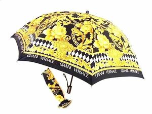 1円 ■美品■ GIANNI VERSACE ジャンニヴェルサーチ 2段折り 折りたたみ傘 折り畳み傘 高級傘 アンブレラ ブラック系×ゴールド系 AW3240