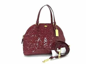 1円 ■美品■ COACH コーチ F25705 オプアート パテントレザー 2WAY ハンドバッグ ショルダー 斜め掛け レディース ボルドー系 FC3858